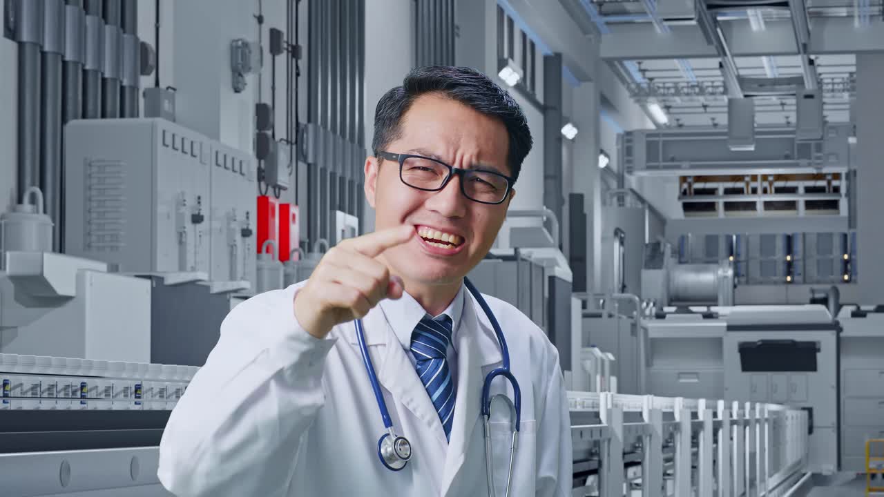 製薬工場に立ち、カメラに向かって叫ぶアジア人男性医師のクローズアップ