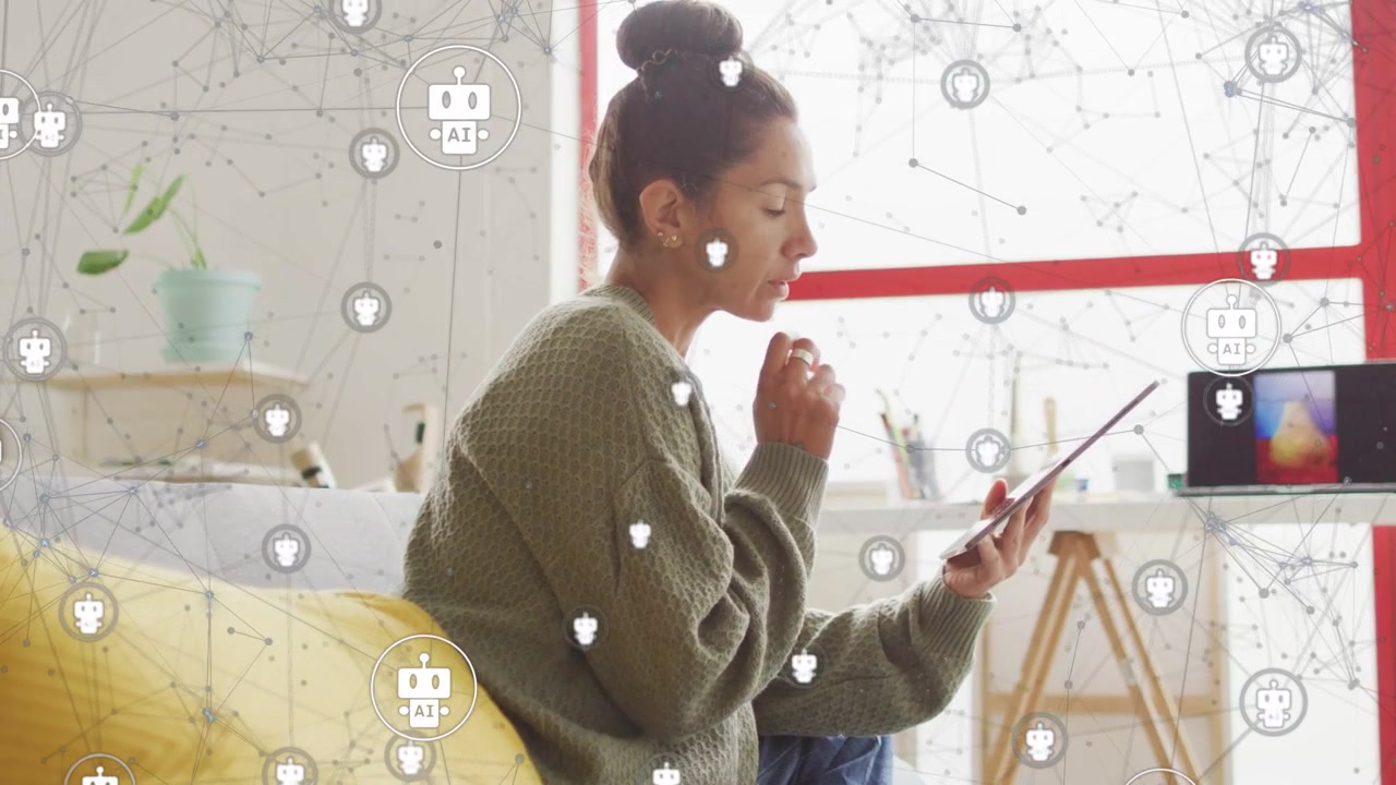Woman reading tablet, leaning and tapping screen, engaging AI nodes overlay for tech learning