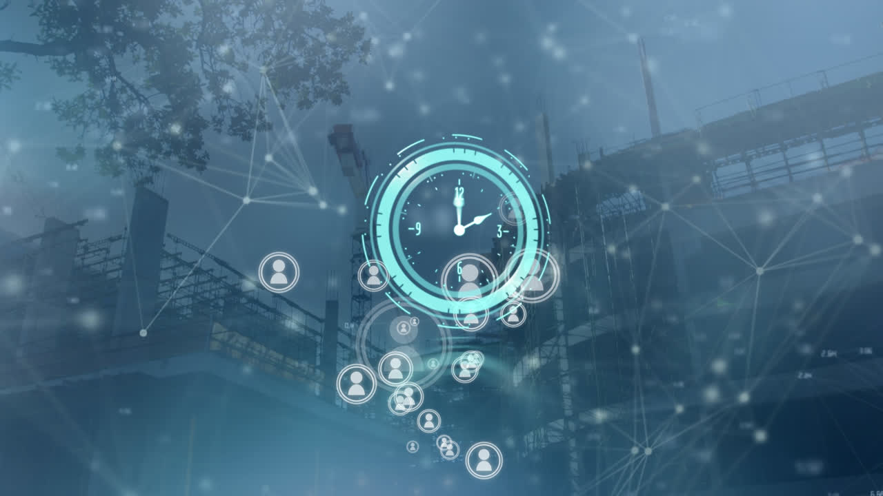 도시 풍경 위의 연결과 아이콘을 이동하는 시계의 애니메이션