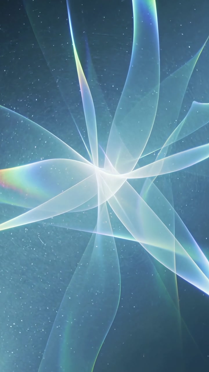 Vertical video: Pulsing glowing core sending ribbons opening in digital blue-teal space with stars