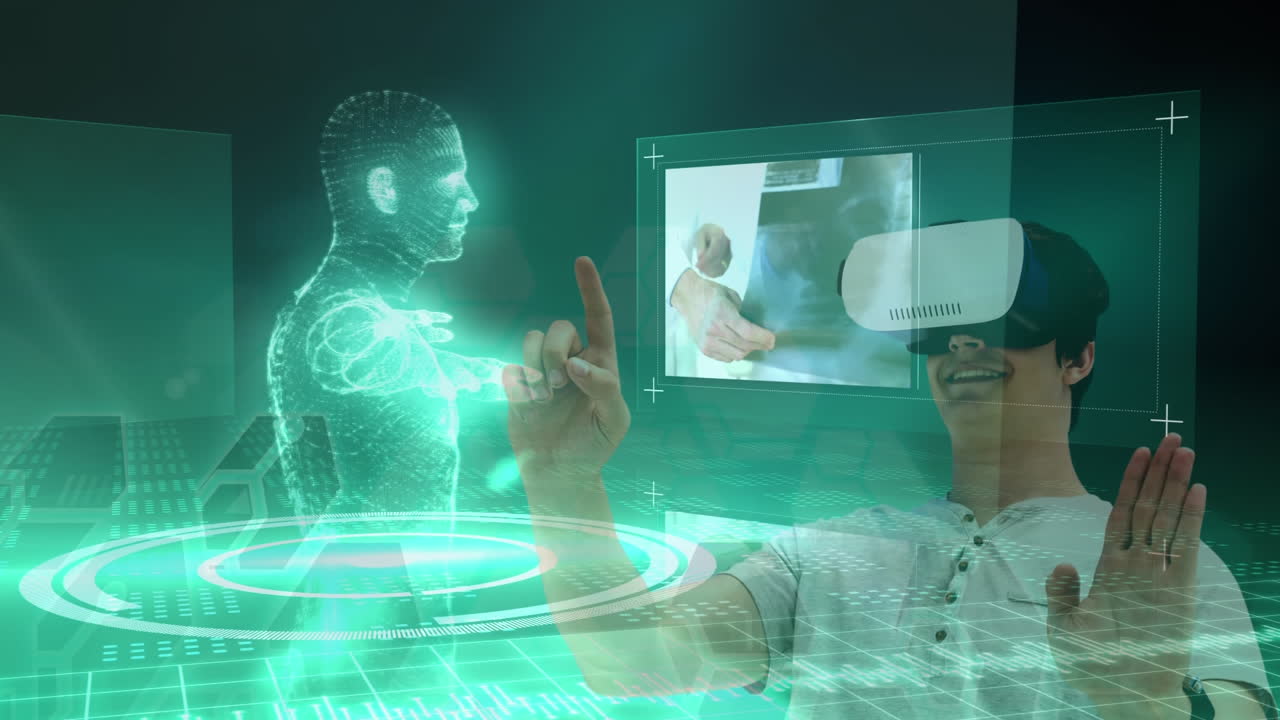 Using virtual reality headset, person interacting with holographic human figure and data