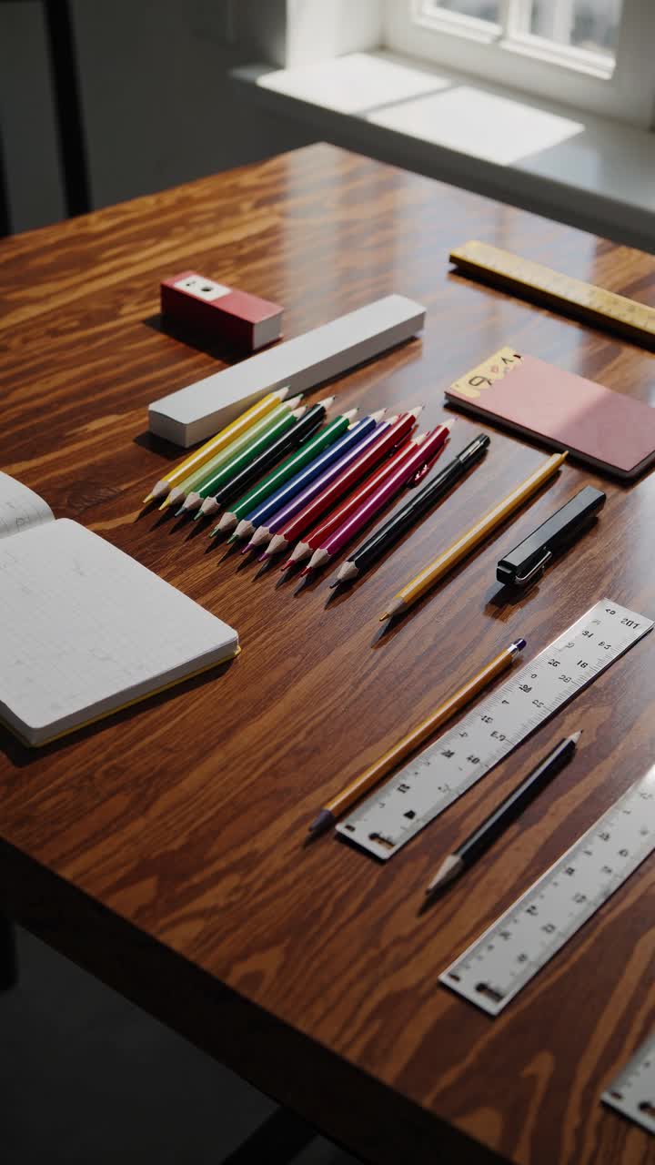 Top-down video shot of a wooden desk with colorful pencils, notebook, and rulers