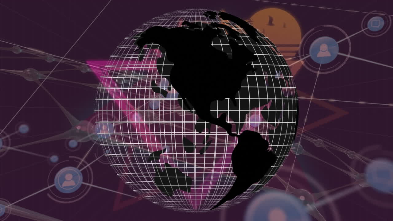 손 위에 회전하는 연결망으로 형성된 지구의 애니메이션