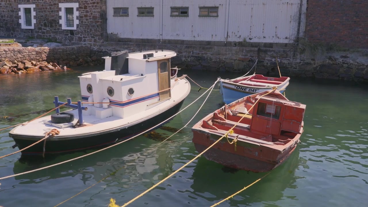 Due piccoli rimorchiatori colorati galleggiano nel porto di Simon's Town.