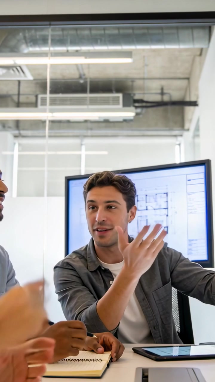 Vertical video: Pointing left arm urging two men in casual shirts checking layout at office noting
