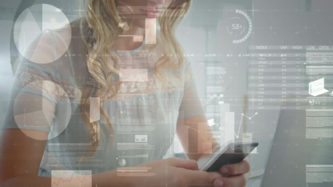 animación de estadísticas y procesamiento de datos sobre mujeres de negocios que usan teléfonos inteligentes