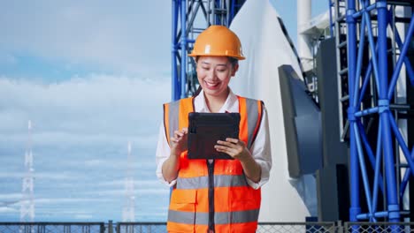 ingeniera trabajando en una tableta en un sitio de lanzamiento de cohetes