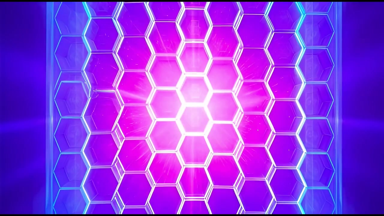 Grade Hexagonal Azul Futurista com Energia Roxa Pulsante