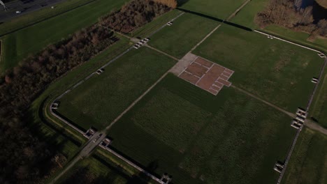 aerial reveal of inner space outlined remains of roman regiment fortification with clear blueprint of the original waterlinie defense settlement