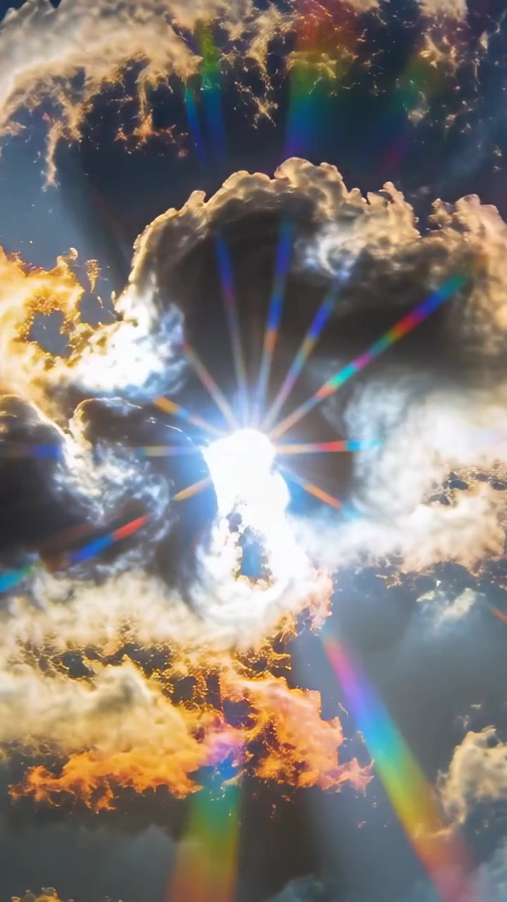 Video verticale: Sole che filtra attraverso una nuvola cumuliforme che si sposta in vista sopra la testa, creando raggi arcobaleno.