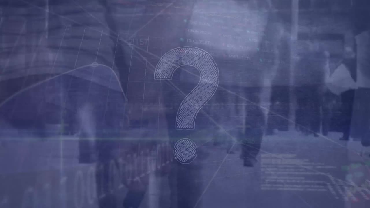 Animation of question mark and data processing over diverse people