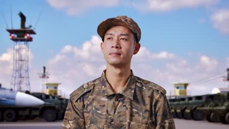 군사 캠프 에 서 있는 동안 주변 을 바라보는 아시아인 군인 의 근접 사진