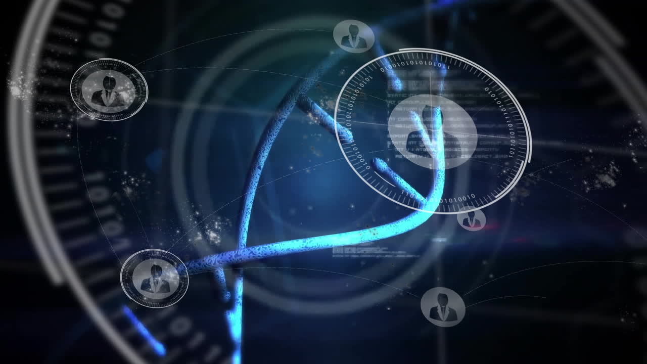 Glowing blue DNA helix being visualized in dark data space, with floating binary HUD overlays