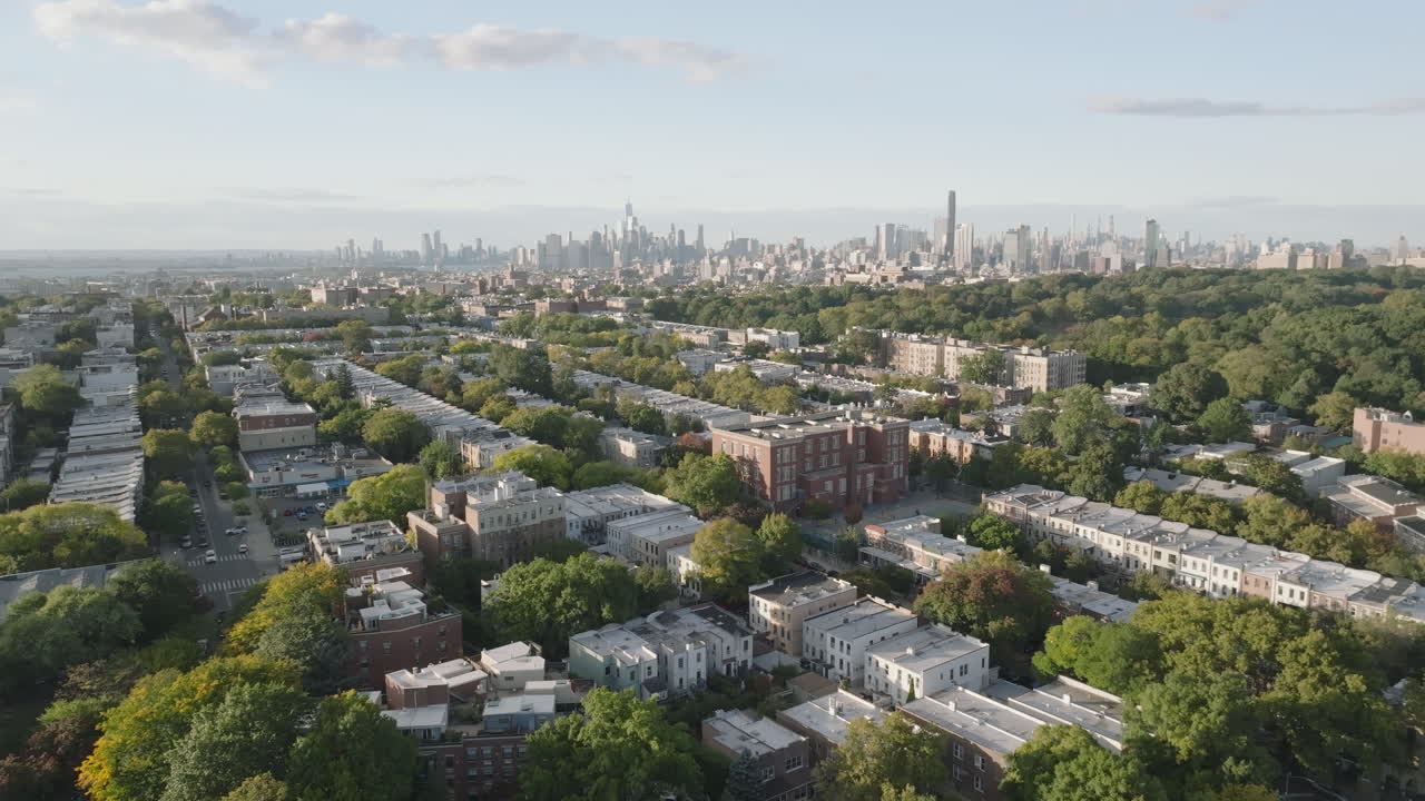 Aerial view of Brooklyn and Manhattan on an autumn day. Shot in New York City in 4k.