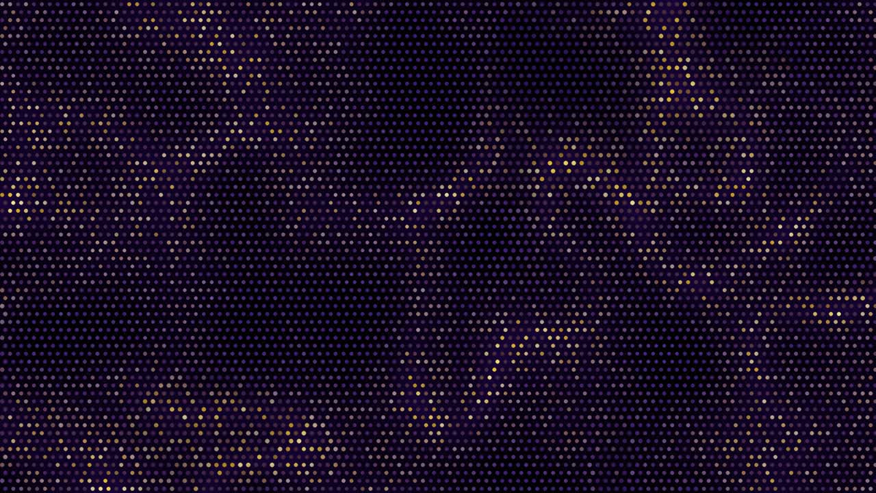 Abstract digital background of vibrant pattern of rotating pulsating shimmering gold and purple dots, halftone grid, futuristic tech backdrop