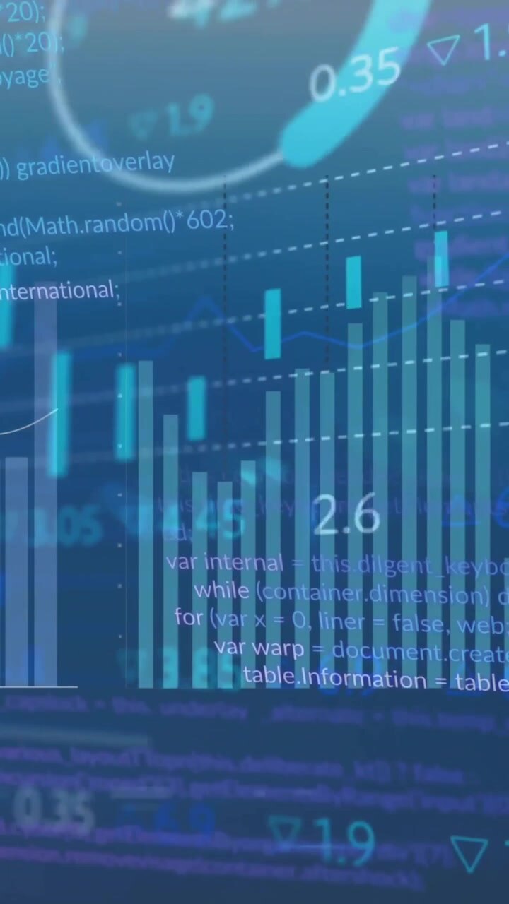 Animation of financial data processing over arrow on yellow road sign and city