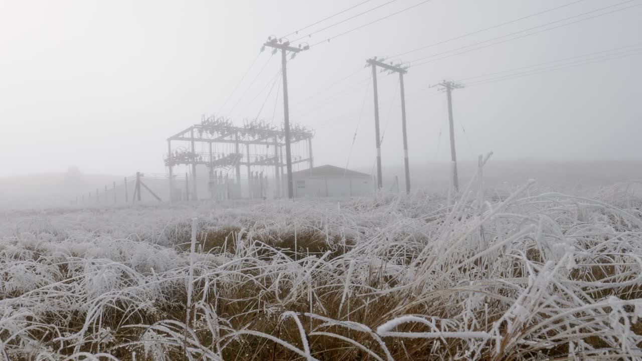 무거운 안개 속 의 발전소 앞 의 잔디 에  ⁇ 은 얼음