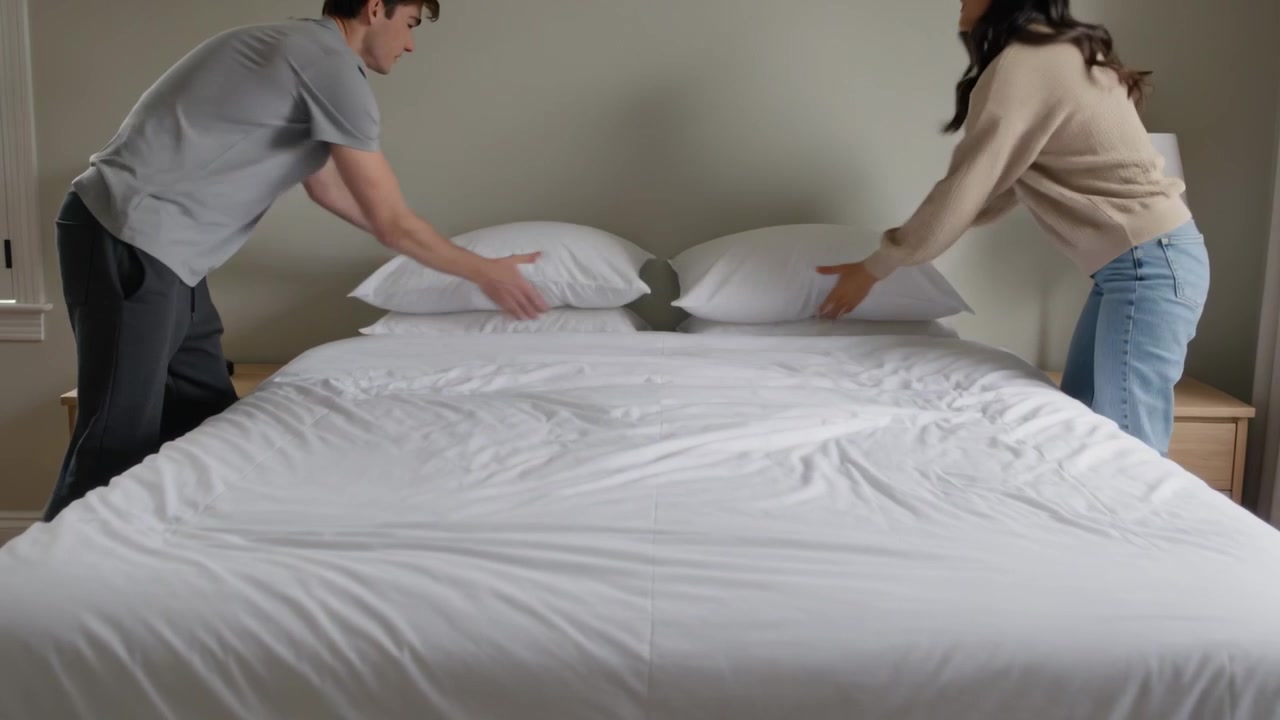 Pareja entrando, con camisa gris y suéter beige, alisando el edredón, sacudiendo las almohadas en el dormitorio, haciendo la cama.