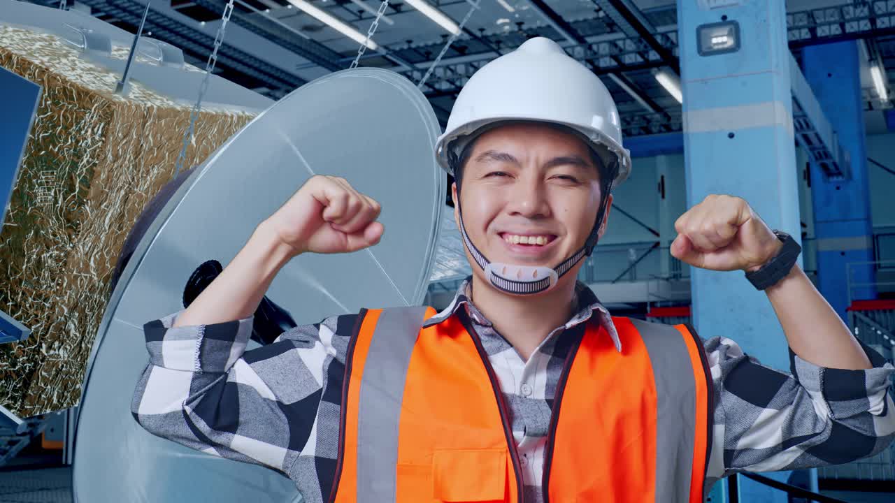 성공을 축하하는 행복한 산업 노동자