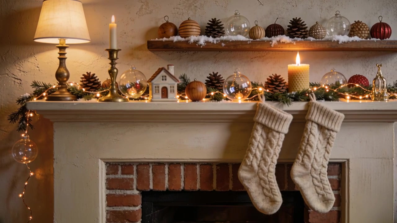 Câmera focando na cornija da lareira decorada em casa, destacando meias de malha creme e velas.