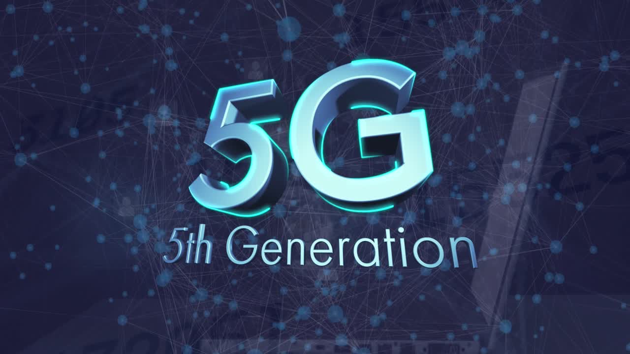 animación de texto 5g y red de conexiones a través de globo giratorio y portátil.