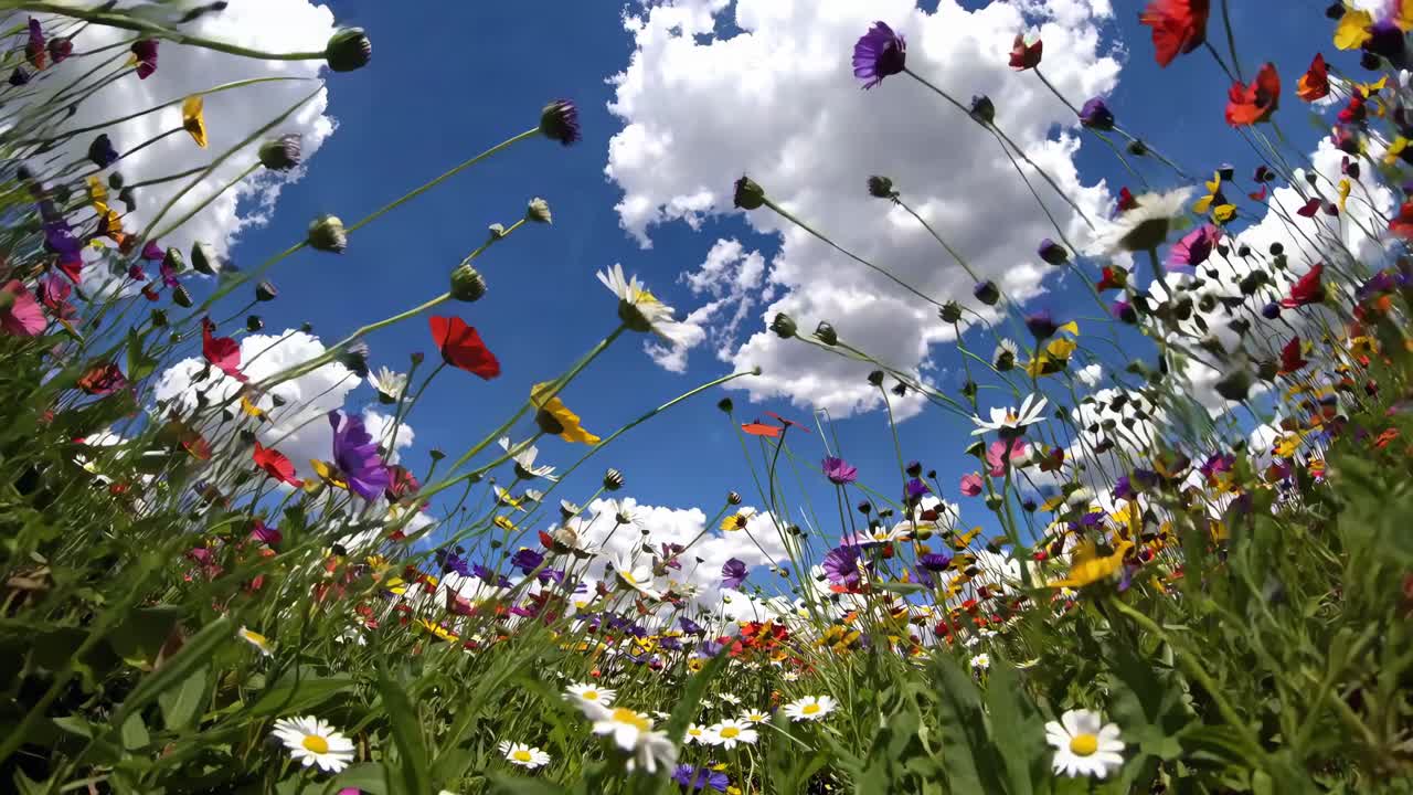 Vídeo em ângulo baixo de vibrantes flores silvestres com um céu azul brilhante e nuvens fofas