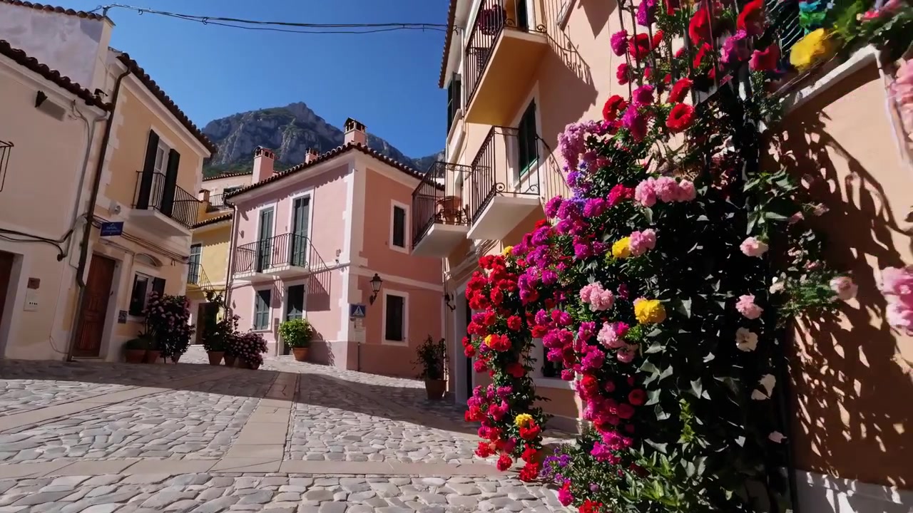 Encantadora calle empedrada en un pueblo mediterráneo con flores en flor