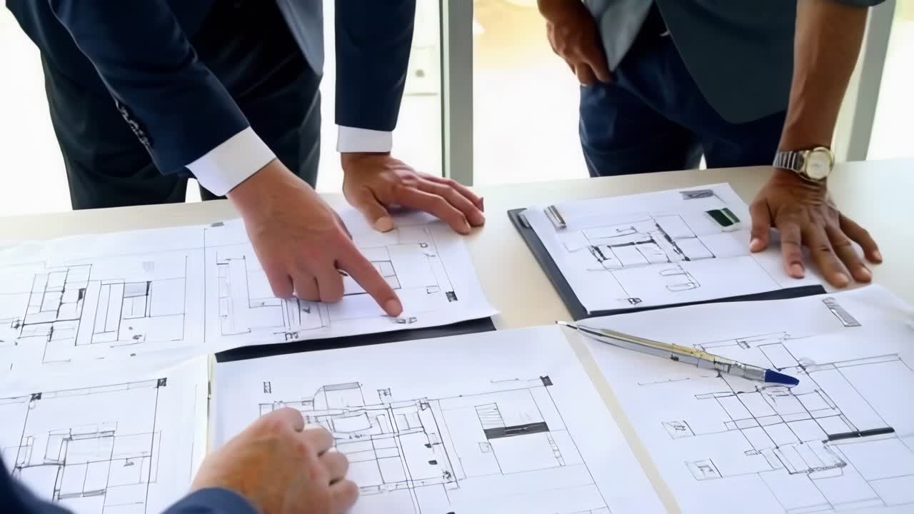 Uno de los hombres señala un dibujo en un plano, documentos.