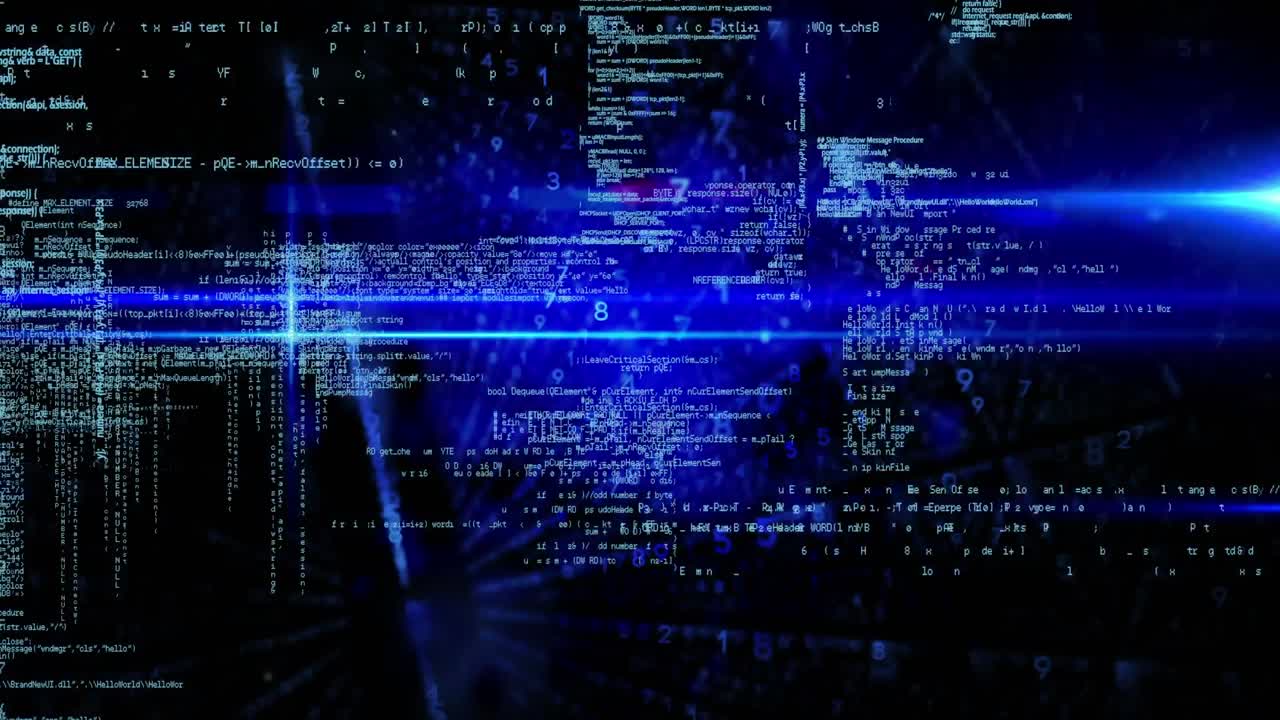 animación del procesamiento de datos digitales sobre luces azules brillantes