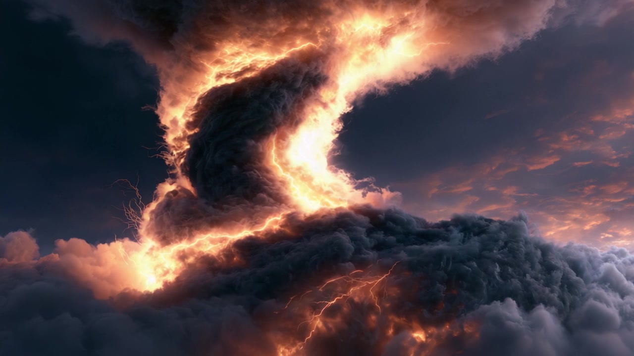 Una drammatica tempesta vorticosa con fulmini illuminanti che squarciano le nuvole scure, creando uno spettacolo accattivante della potenza e della furia della natura.