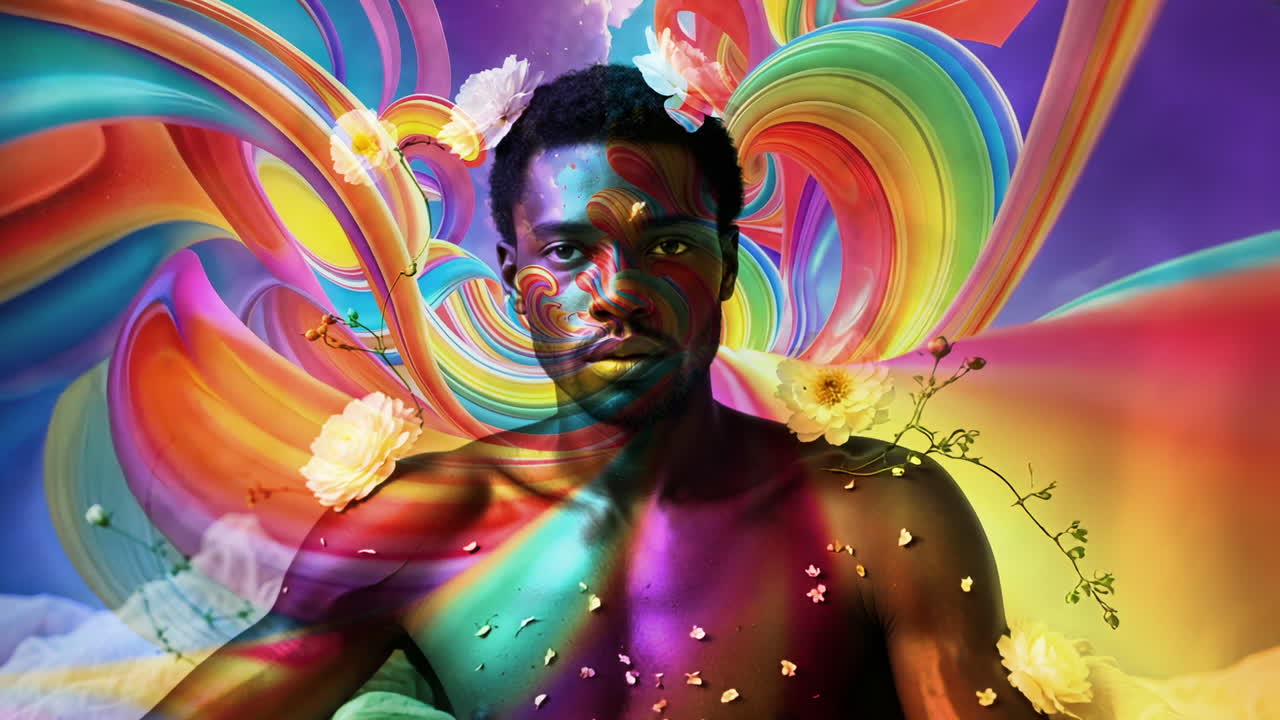 Vibrant Psychedelic Portrait of a Man with Abstract Swirls and Flowers