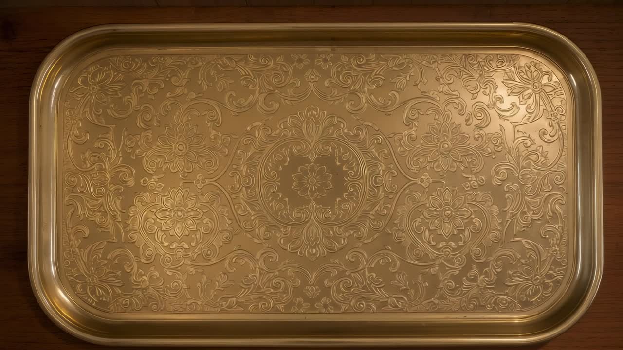 L'illuminazione dall'alto che si sposta, mostra un medaglione in rilievo su un vassoio di ottone su un tavolo di legno per evidenziare i dettagli.