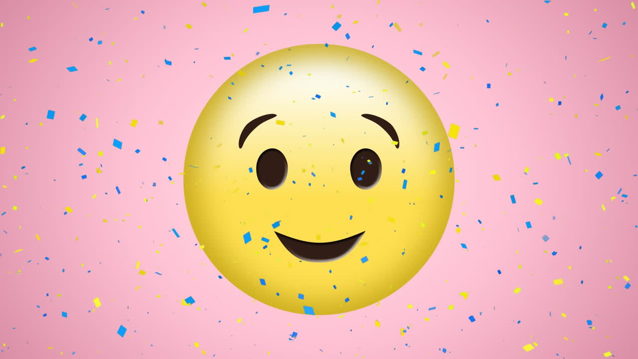 핑크색 배경에 행복하고, 눈을  ⁇ 이는 이모지 위에 떨어지는 콘페티의 애니메이션