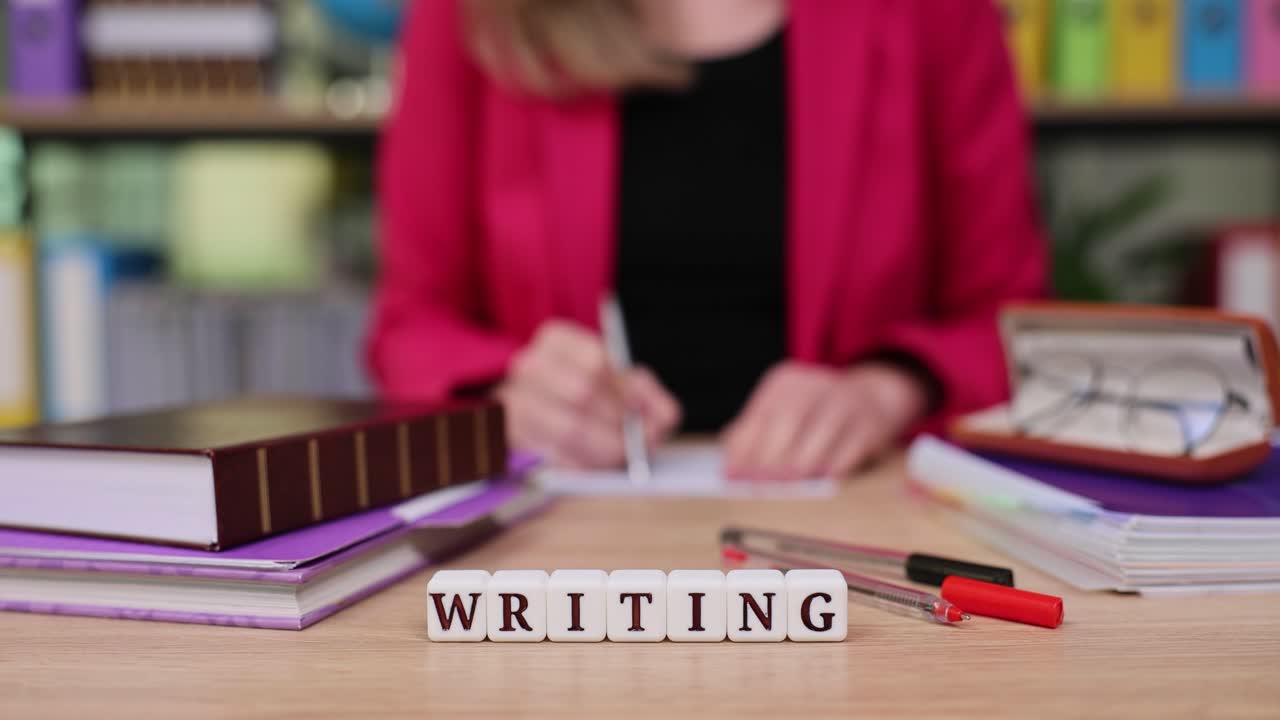Woman writing at a desk with books and stationery