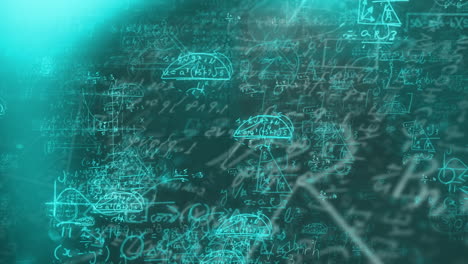 animación digital de puntos de luz y ecuaciones matemáticas contra un fondo negro