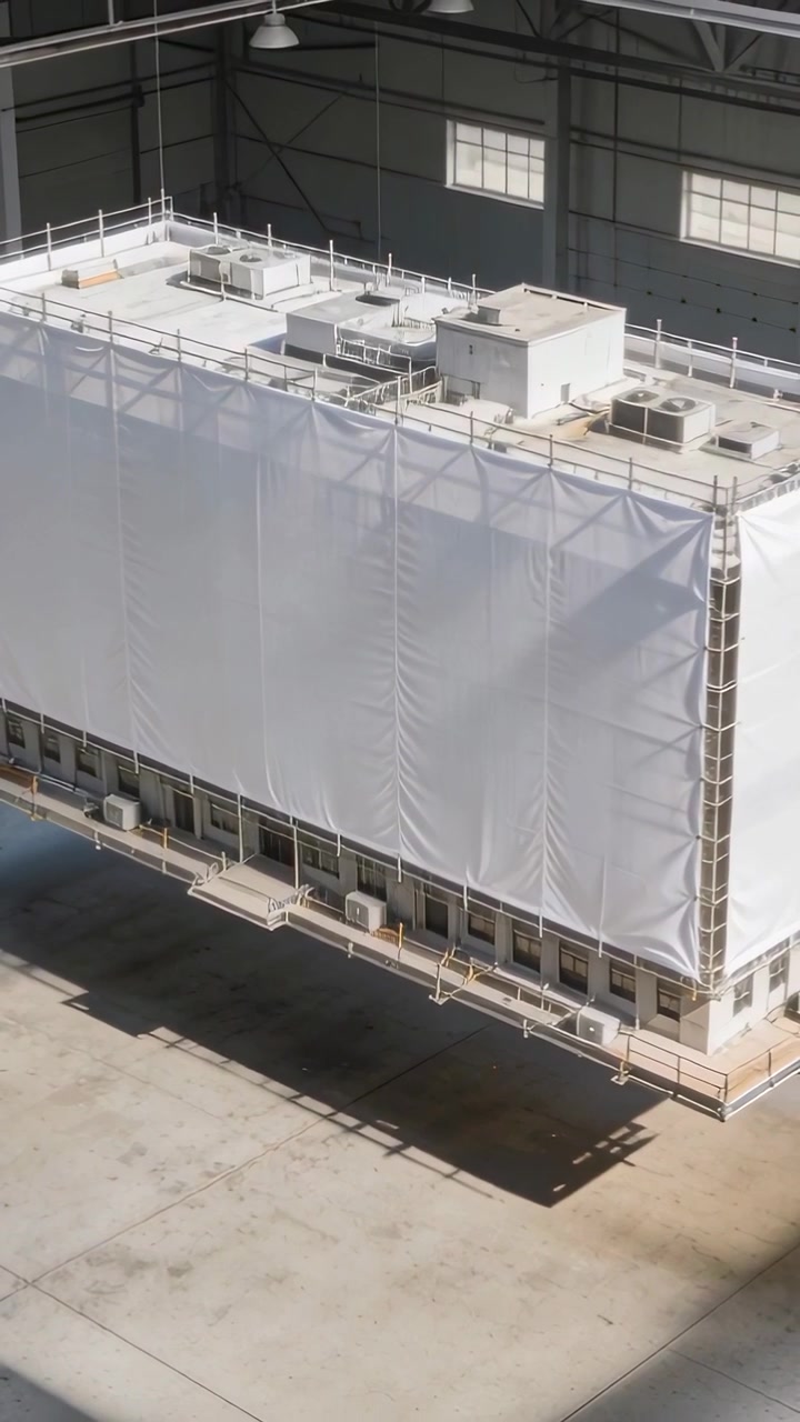 Video verticale: Telecamera scorrevole che rivela un container avvolto all'interno di un hangar, con impianto HVAC sul tetto e scala