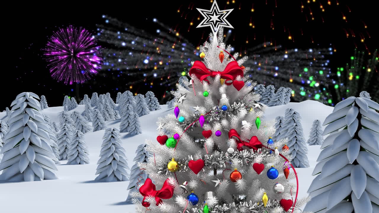 겨울 풍경 위에 불꽃놀이와 크리스마스 트리의 애니메이션