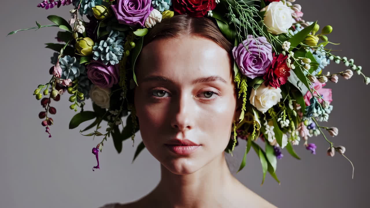 Portrett av kvinne med fargerik blomsterkrans