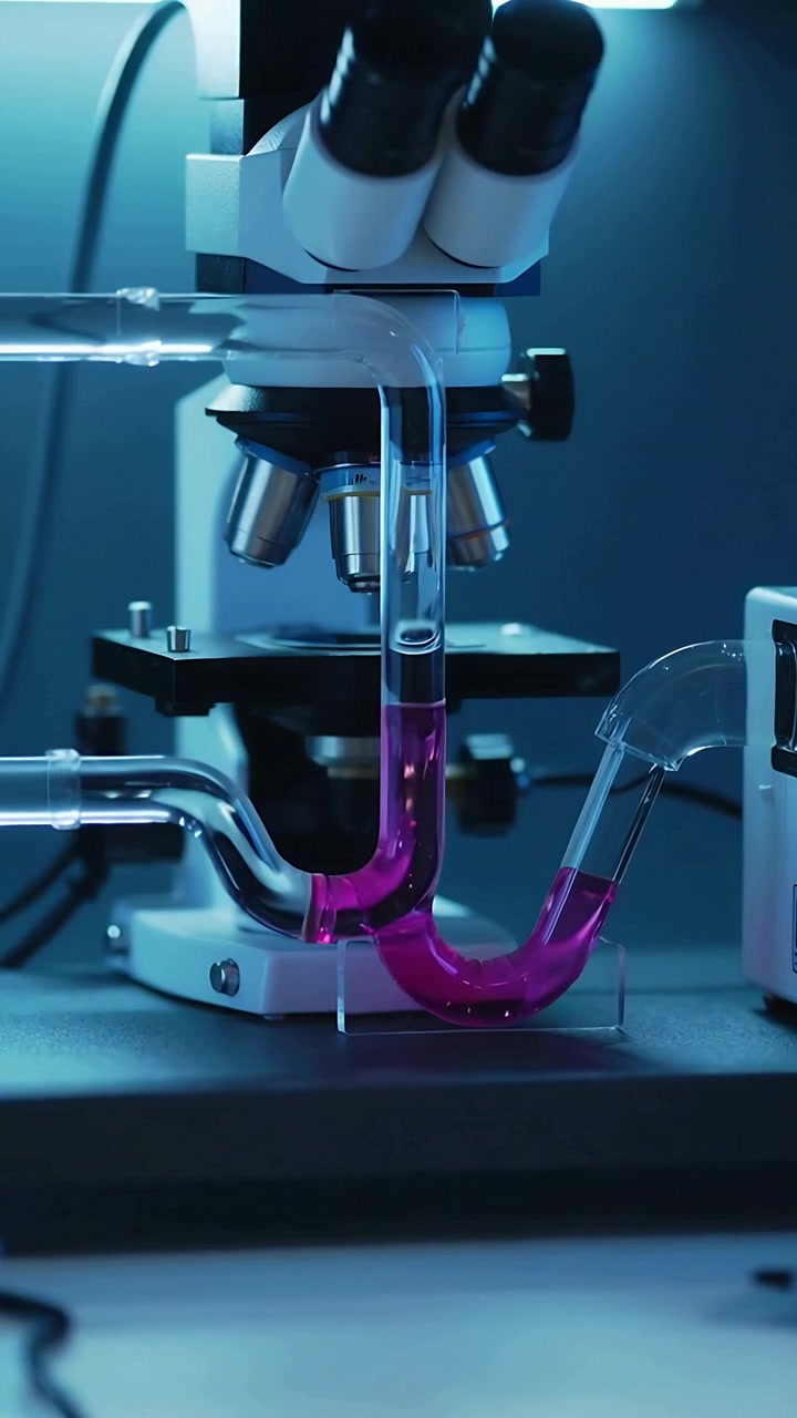 Vertical video: Left-tube sending pink liquid moving through tubing under bench microscope near box