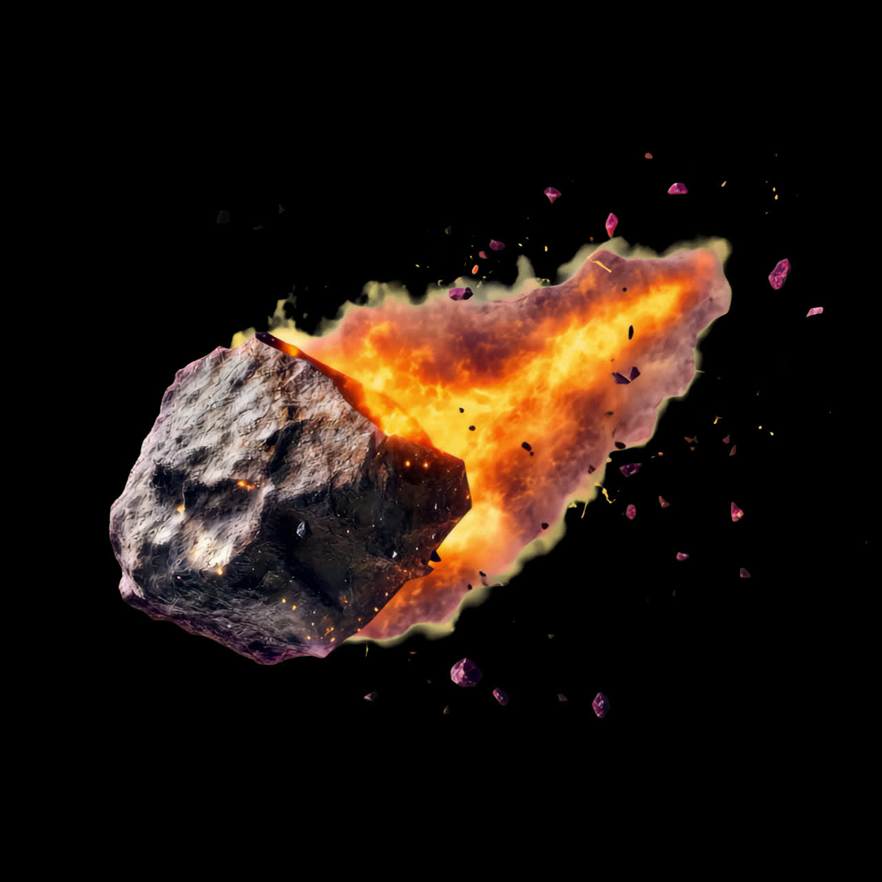 Risorsa isolata di animazione di meteorite con scia infuocata, video 4K trasparente, canale alfa, ProRes