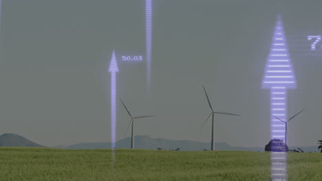 wind turbine displaying purple arrow data overlay rising above green field, featuring flat design
