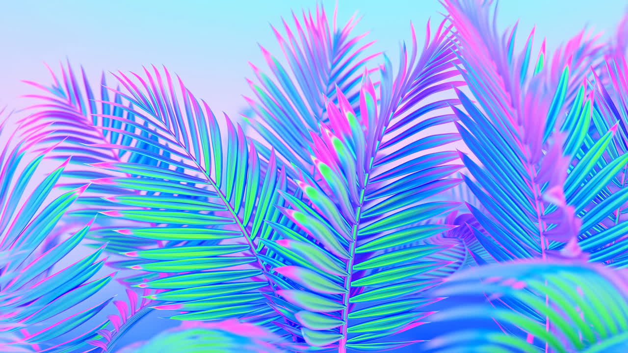 Živé neonové irizující palmové listy houpající se na abstraktním digitálním pozadí.