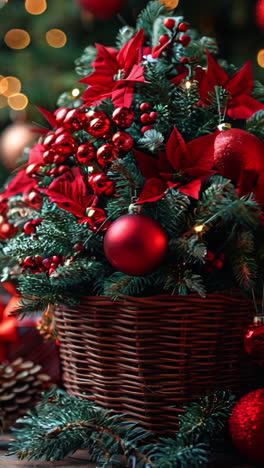a christmas tree with a red tree topper and a basket of red ornaments. the basket is placed on a wooden floor