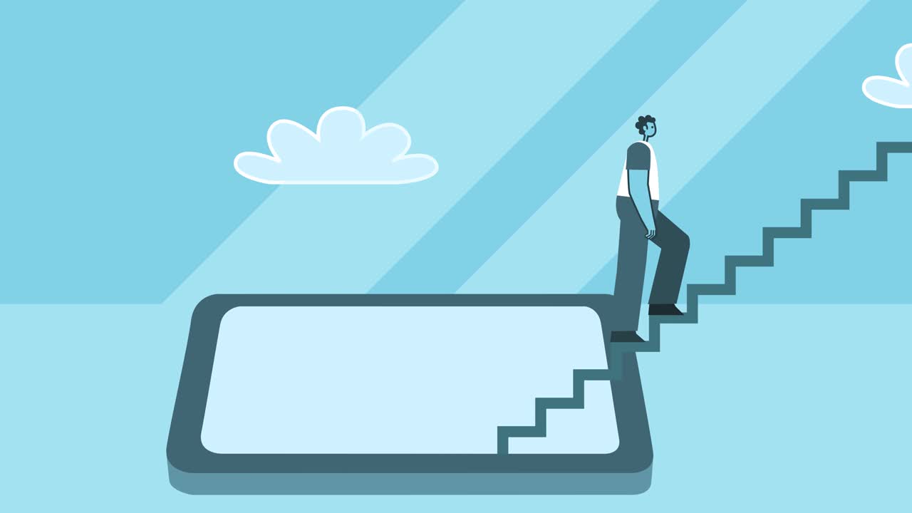 스마트 폰에서 계단을 오르는 것 - 성공과 기술 개념 - 평평한 디자인 남자 - 만화 캐릭터 - 고립된 루프 - 2d 애니메이션