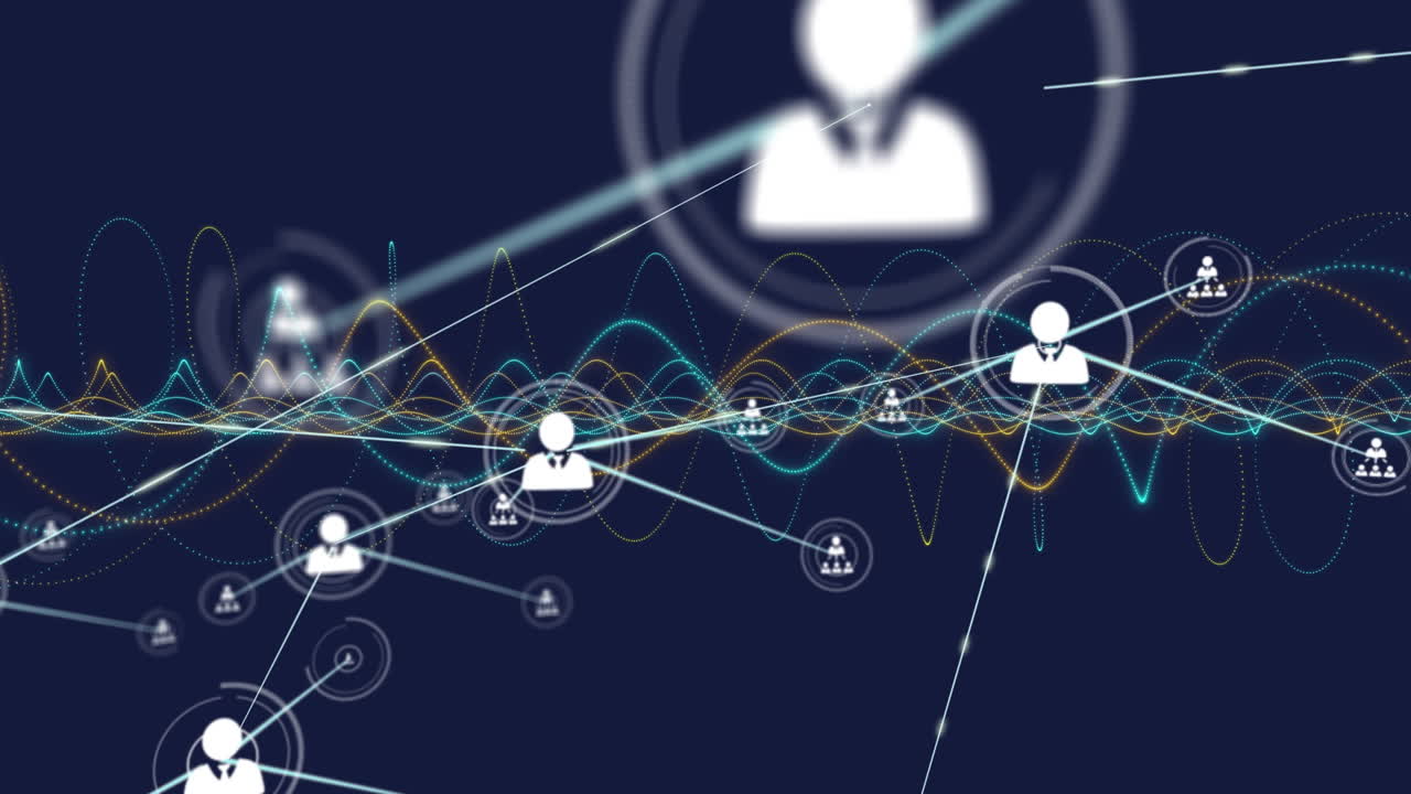 Animation of network of connections with icons over black background