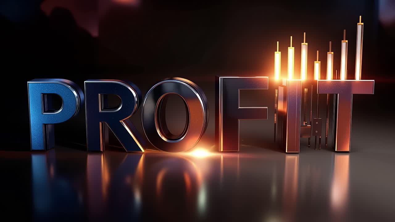 Metal letters spell "PROFIT" with glowing edges. Light reflects off polished surface beneath the text. Flickering candle-like beams rise behind the letters. Darkness surrounds the scene