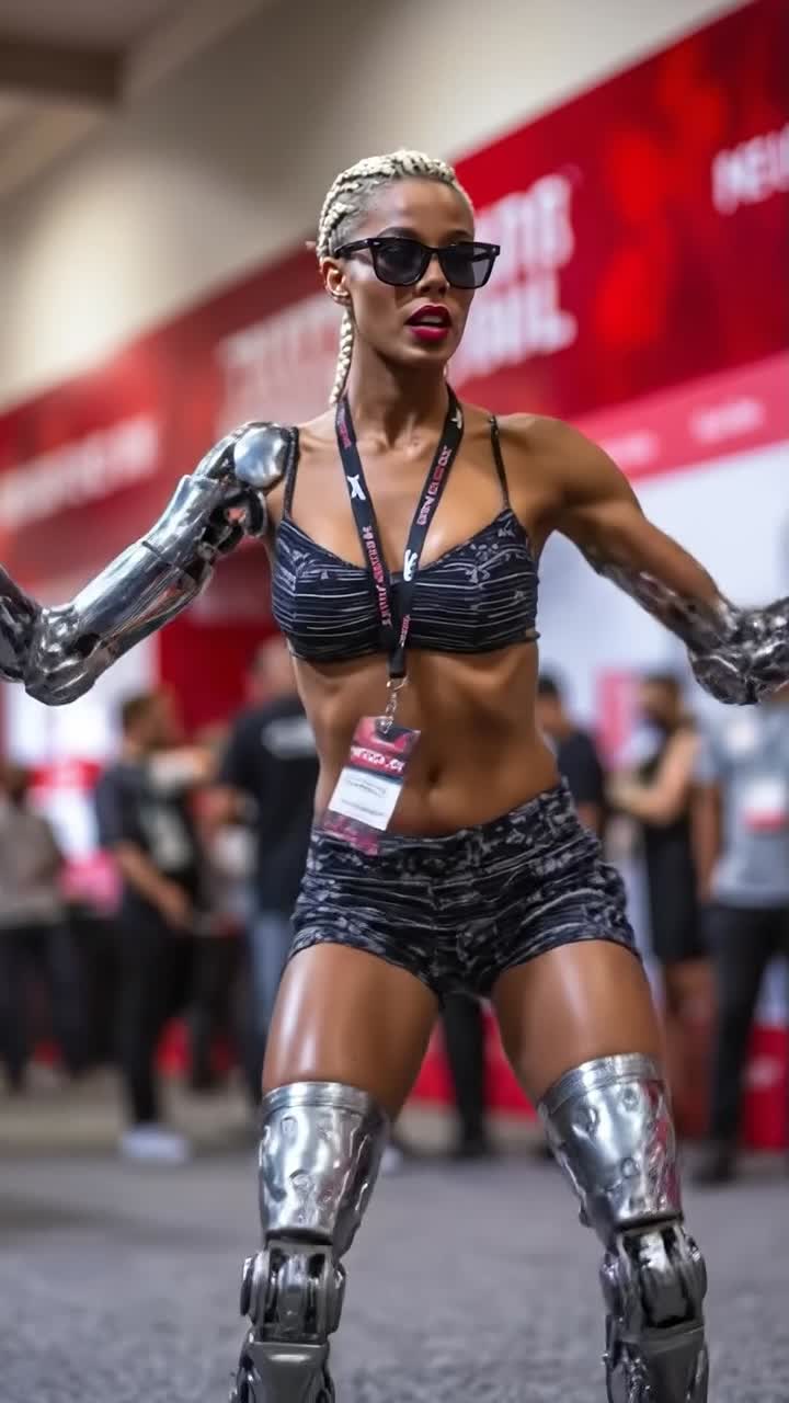 Donna cyborg che balla a una fiera indossando un completo sportivo
