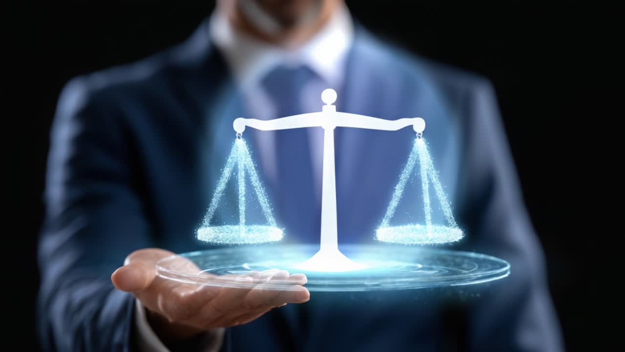 Un professionista aziendale che mostra bilance olografiche futuristiche che rappresentano giustizia ed equilibrio, enfatizzando l'importanza dell'equità nel processo decisionale e dell'etica nell'era digitale
