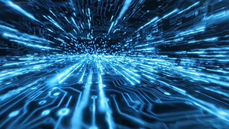 Flusso dinamico di dati digitali: un affascinante viaggio visivo attraverso una rappresentazione astratta di circuiti e connettività in un ambiente ad alta tecnologia.
