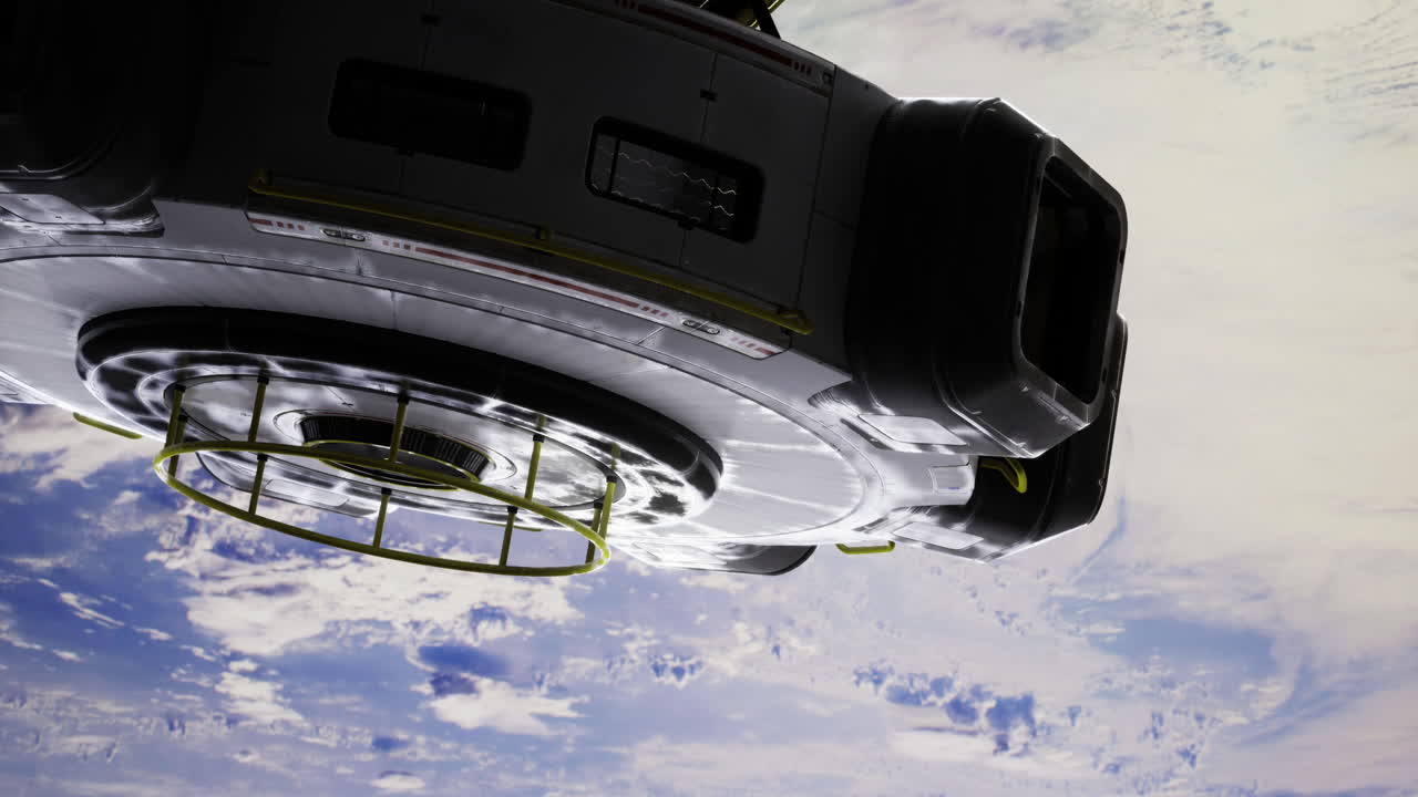 Spacecraft hovering above earth showcasing clouds and atmosphere